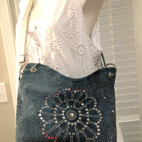 Showstopper Rhinestone Denim & Faux Leather Handbag = See Video - Picture 1 of 9
